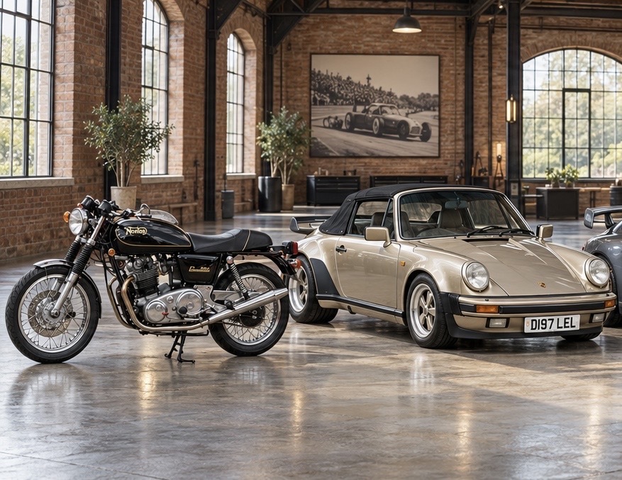 Norton Commando beside the champagne-gold Porsche 911 Supersport in the collection studio