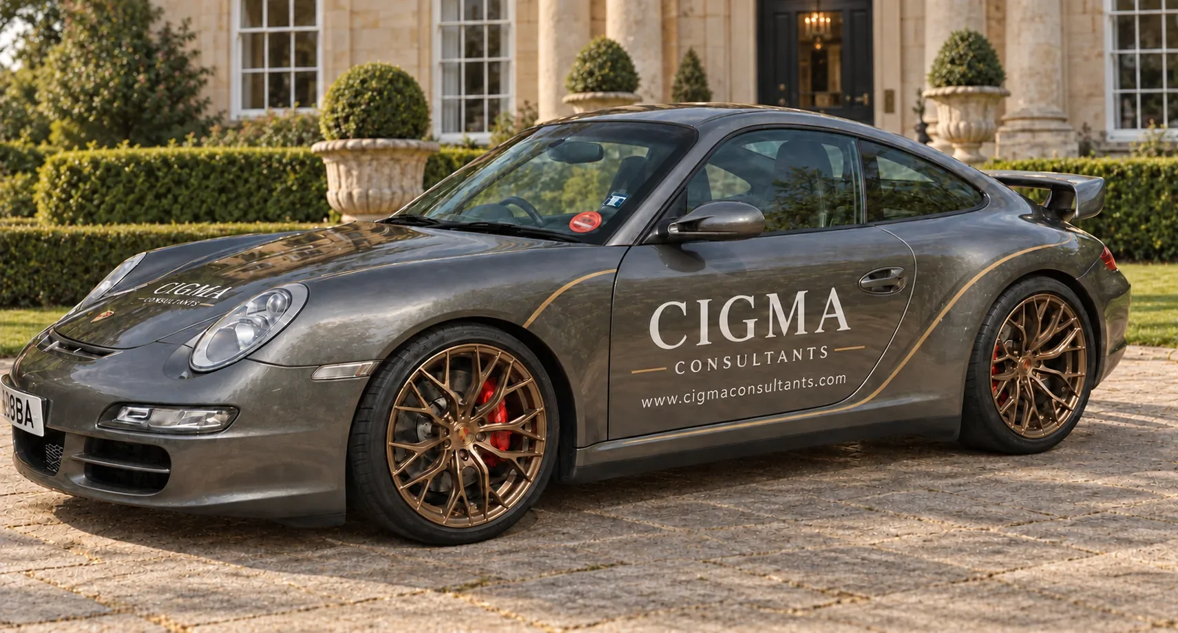 Porsche 911 Cigma with Cigma Consultants branding outside a country house