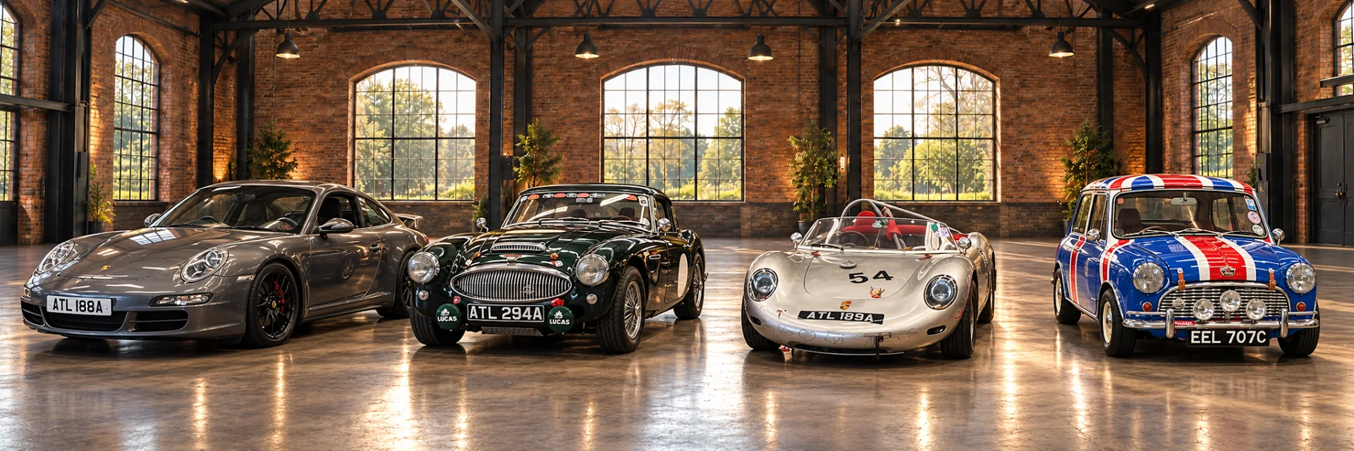 Porsche 997, Austin Healey, Porsche 718 RSK and Austin Mini in the Cigma Collection studio