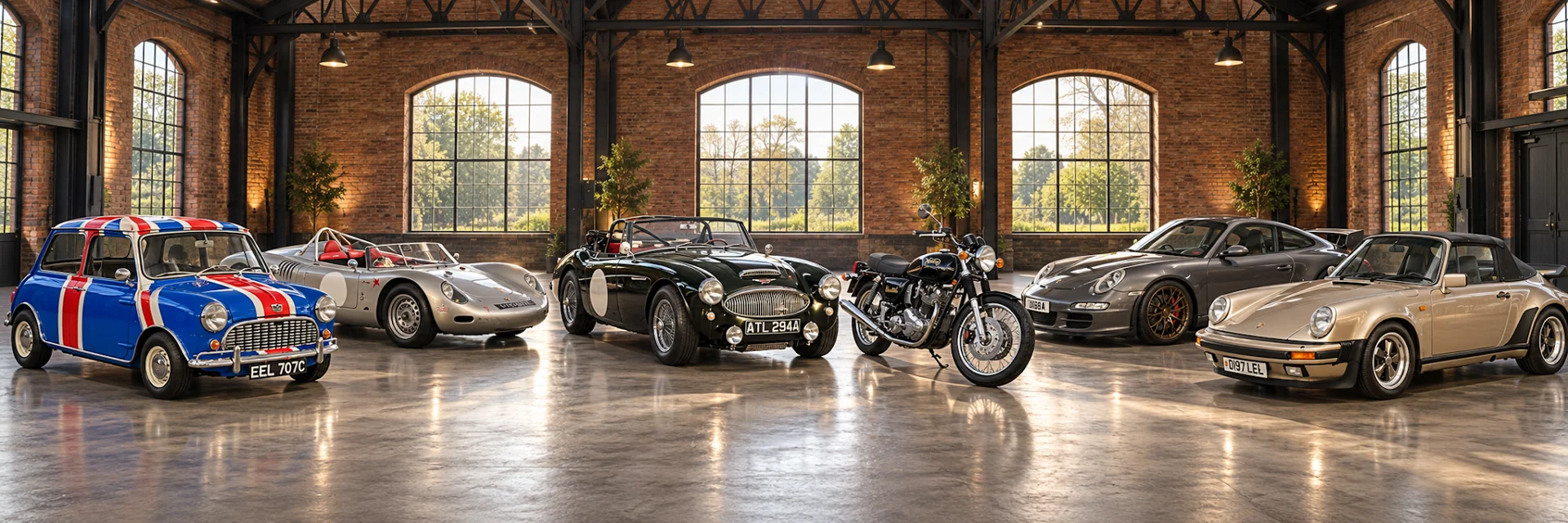 Six vehicles from the Cigma Collection lined up in the studio