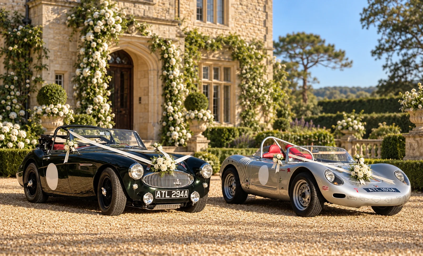 Austin Healey and Porsche 718 RSK dressed for a wedding