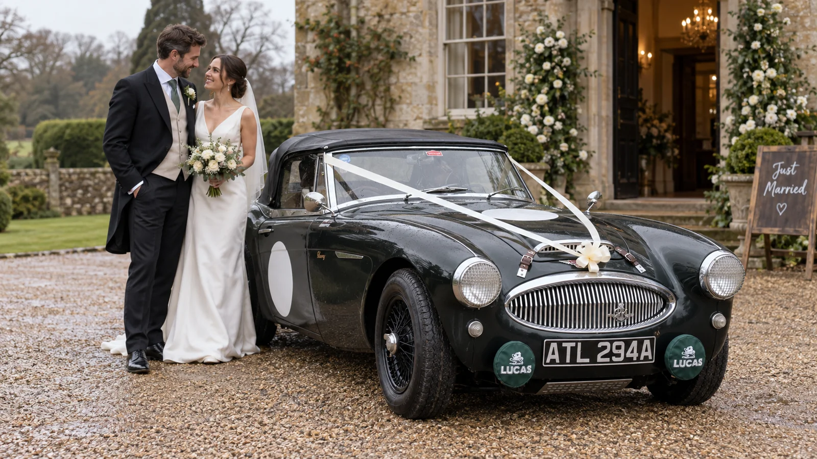 Wedding couple beside Harry outside a country house