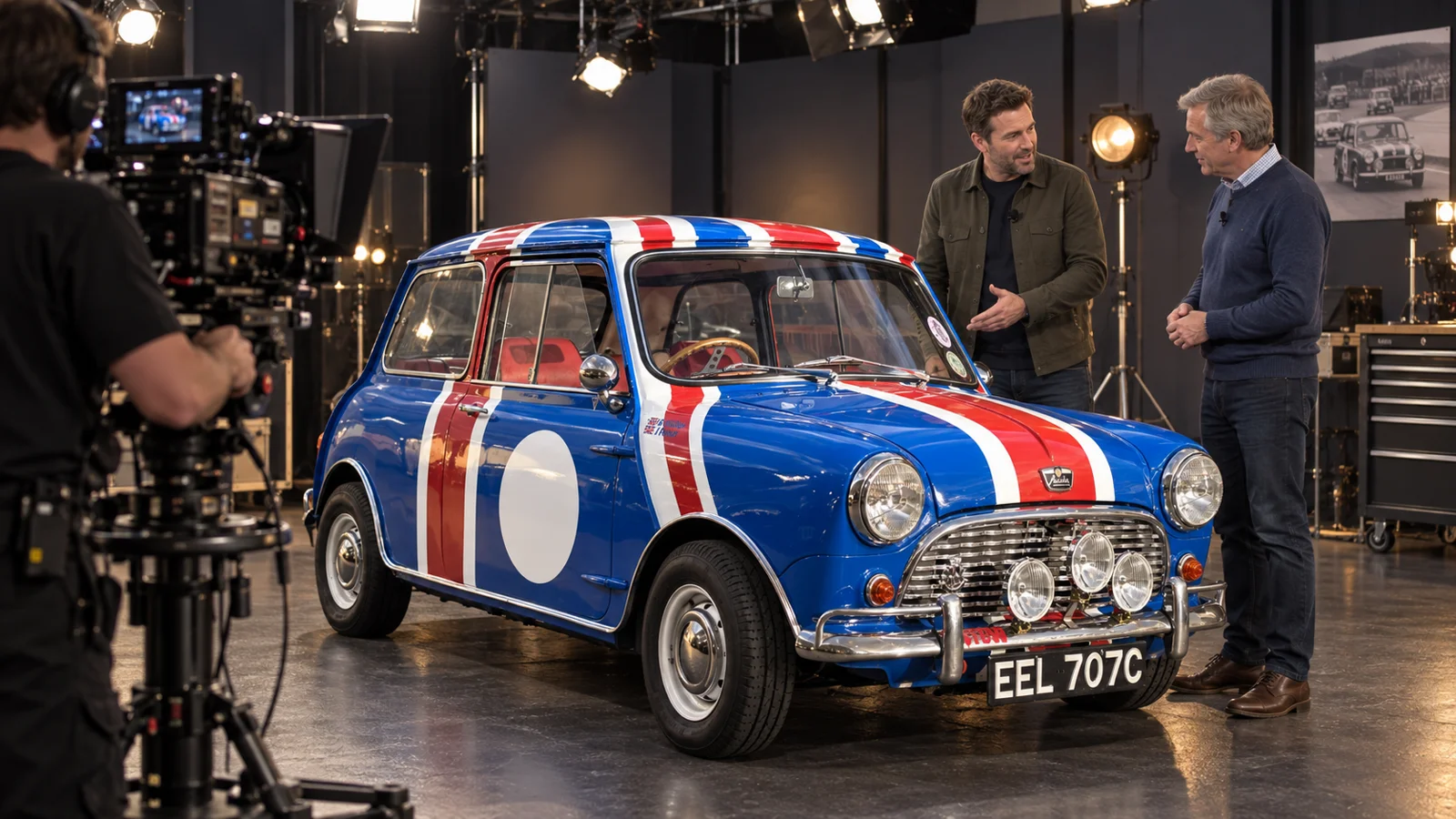 Jack with presenters and a camera crew in a television studio