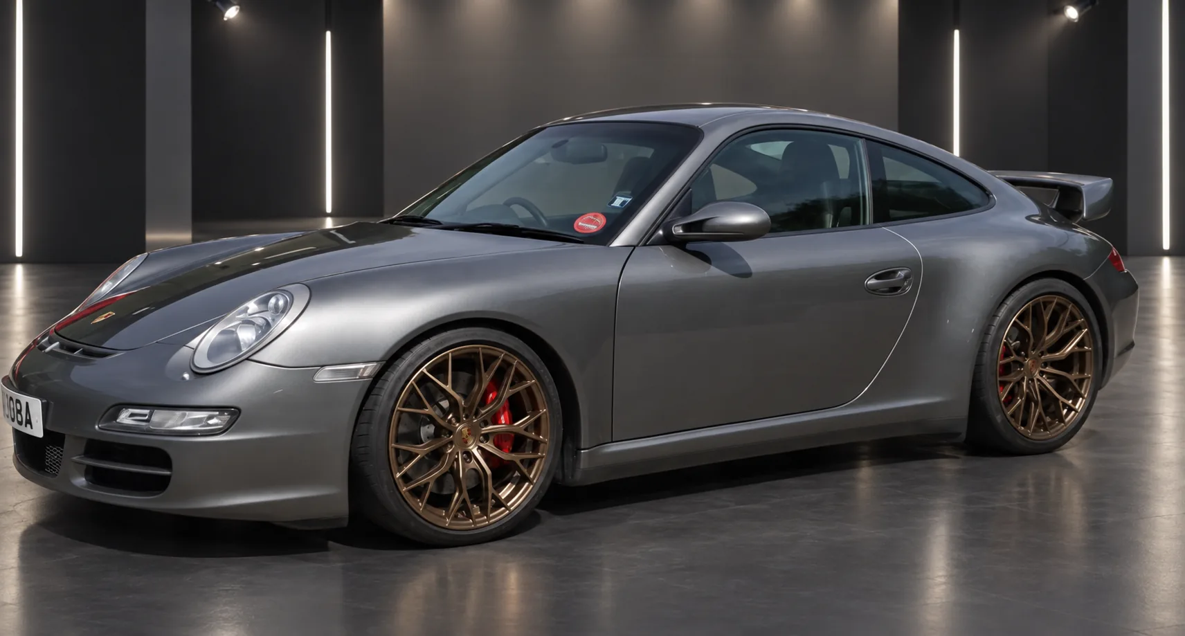 Meteor-grey Porsche 911 Cigma with bronze wheels in a studio setting