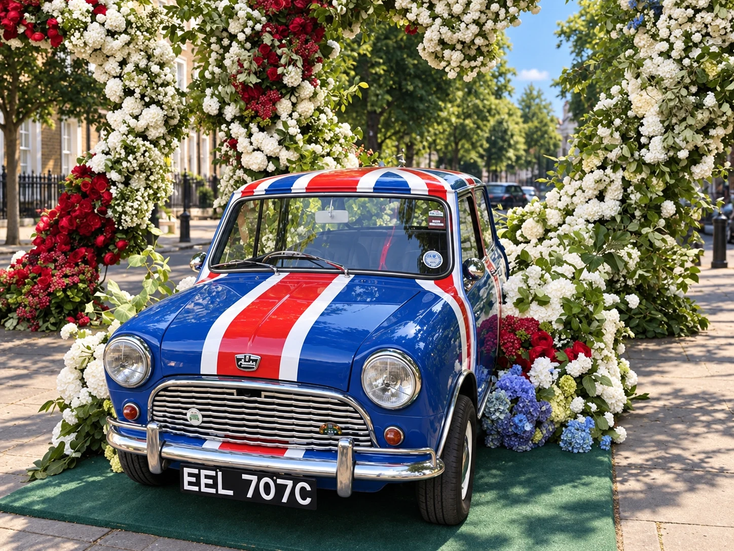 Union Jack Mini Jack beneath a red and white floral arch on a sunny day