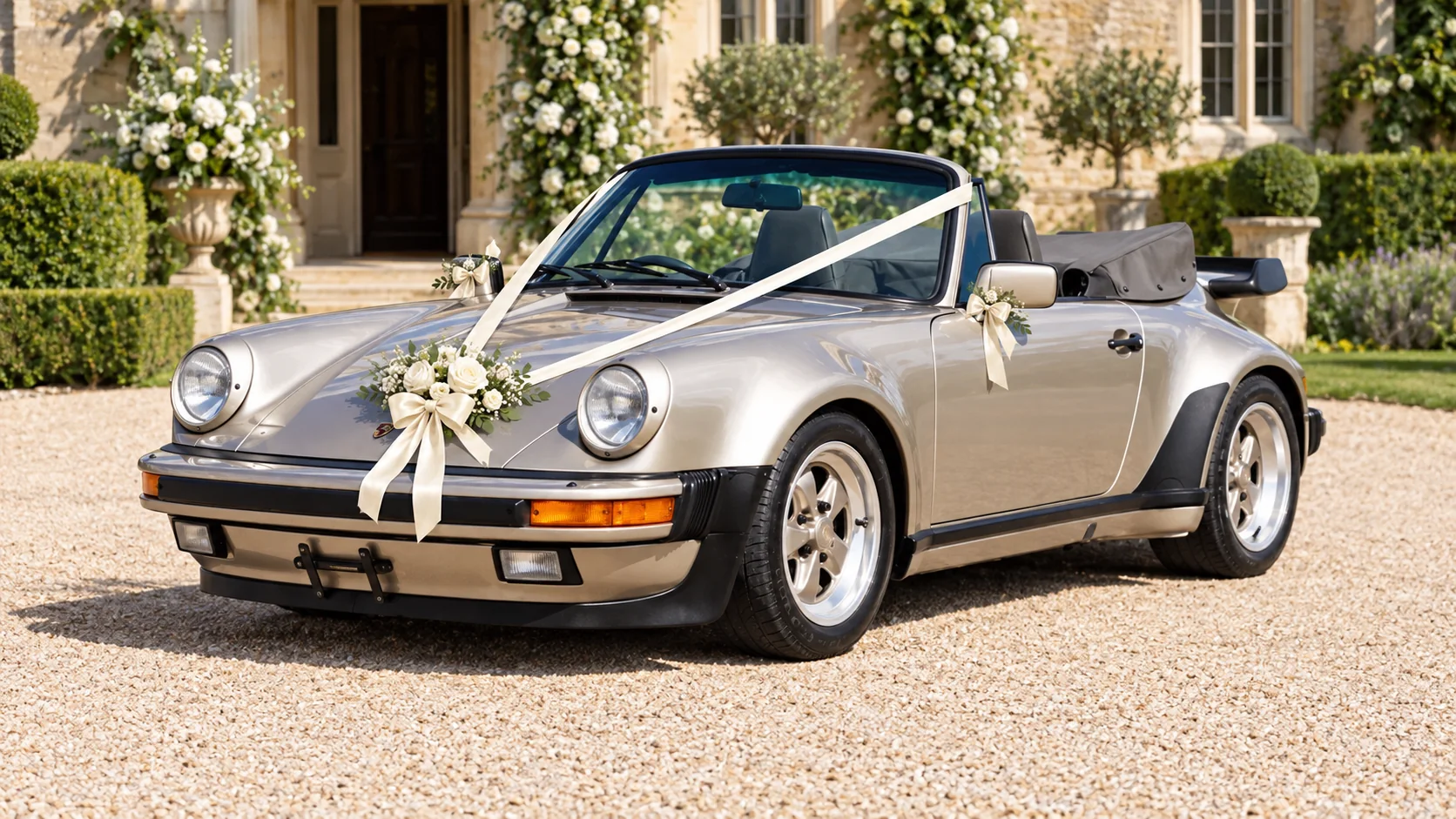 Champagne Porsche 911 cabriolet with wedding ribbons and flowers outside a country house